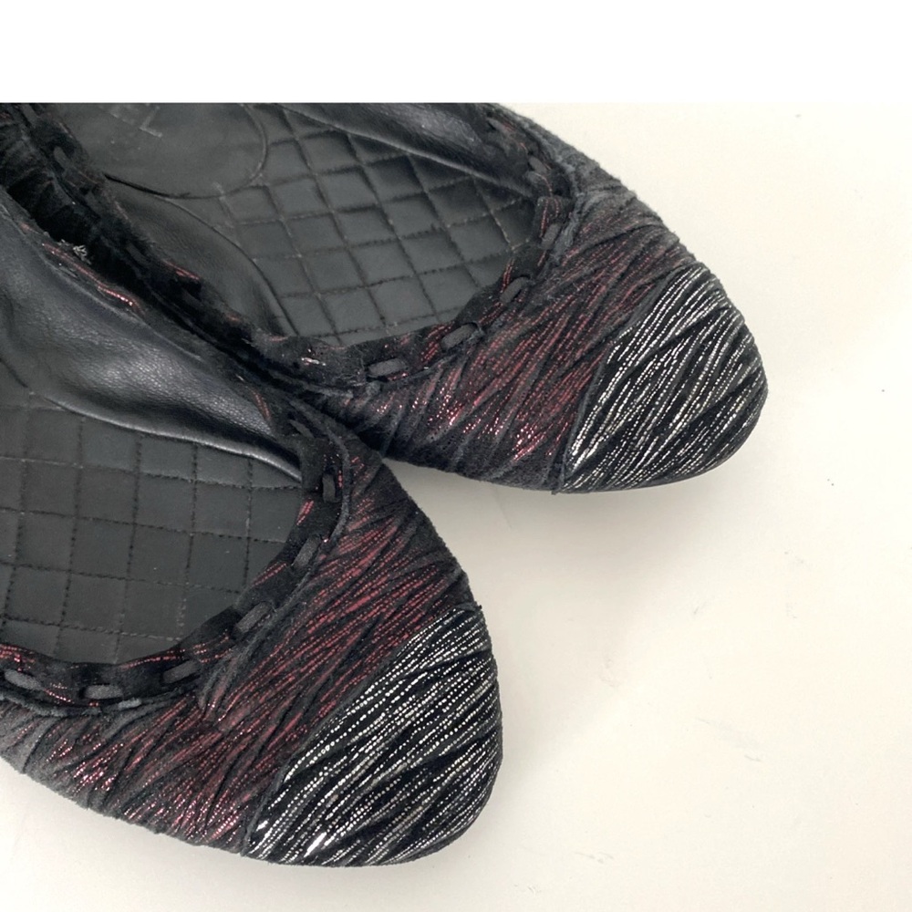 Chanel flat ballet metallic black red silver round cap 41.5 size rare